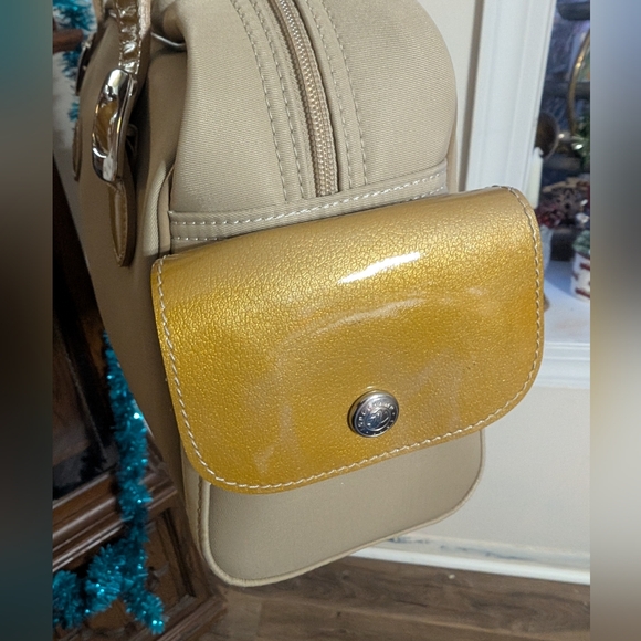 Longchamp Vintage Tan Canvas & Mustard Patent Leather Bowler Bag - Picture 6 of 10